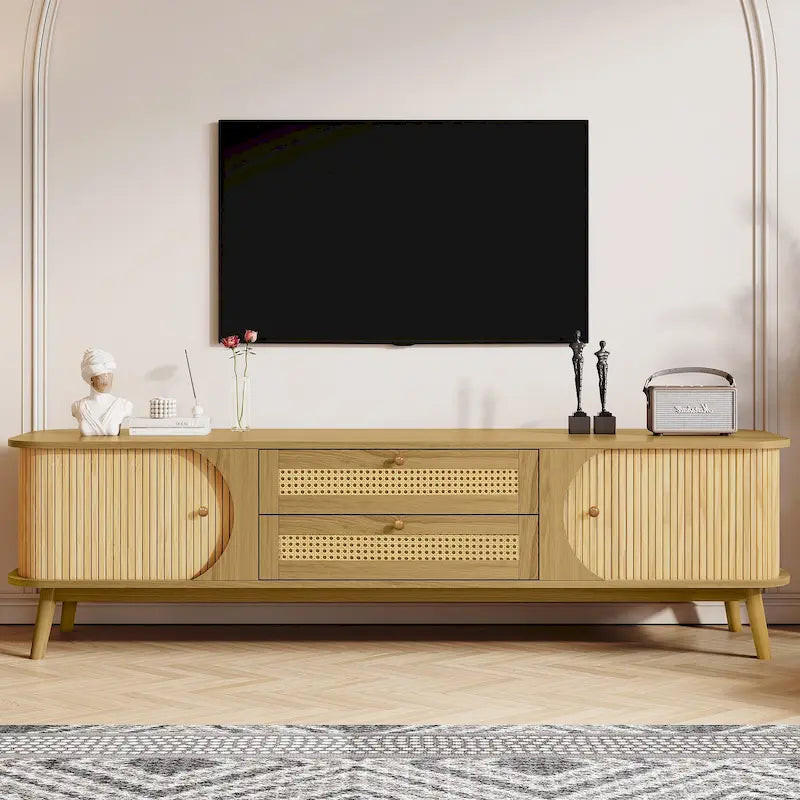 Mobile TV in Rattan Legno Naturale con Contenitore, Adatto per TV fino a 75", 3 Colori, Montaggio 1-2 Persone