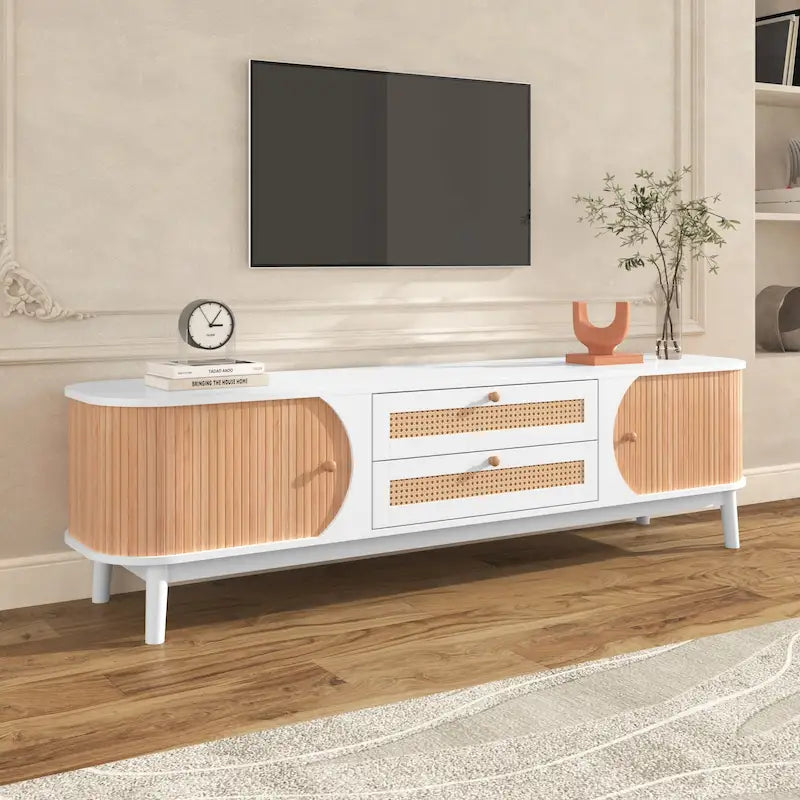 Mobile TV in Rattan Legno Naturale con Contenitore, Adatto per TV fino a 75", 3 Colori, Montaggio 1-2 Persone