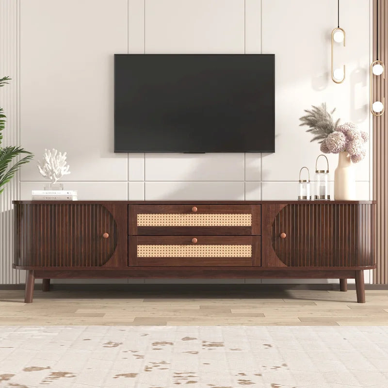 Mobile TV in Rattan Legno Naturale con Contenitore, Adatto per TV fino a 75", 3 Colori, Montaggio 1-2 Persone