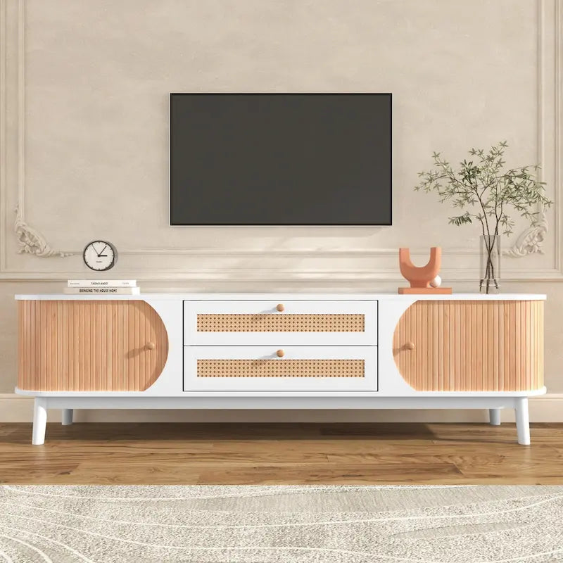 Mobile TV in Rattan Legno Naturale con Contenitore, Adatto per TV fino a 75", 3 Colori, Montaggio 1-2 Persone