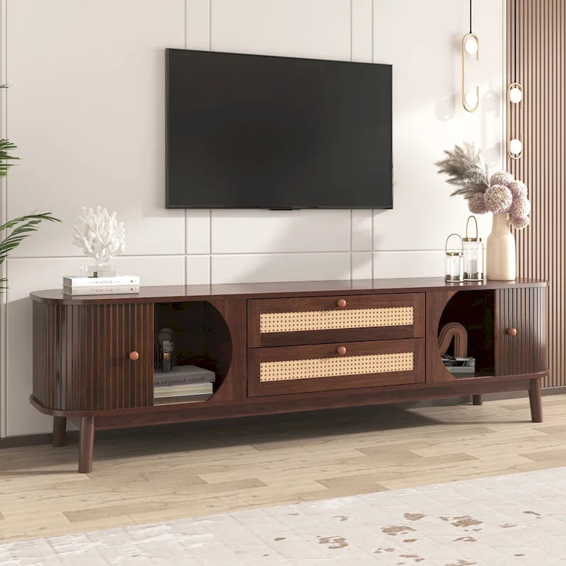Mobile TV in Rattan Legno Naturale con Contenitore, Adatto per TV fino a 75", 3 Colori, Montaggio 1-2 Persone