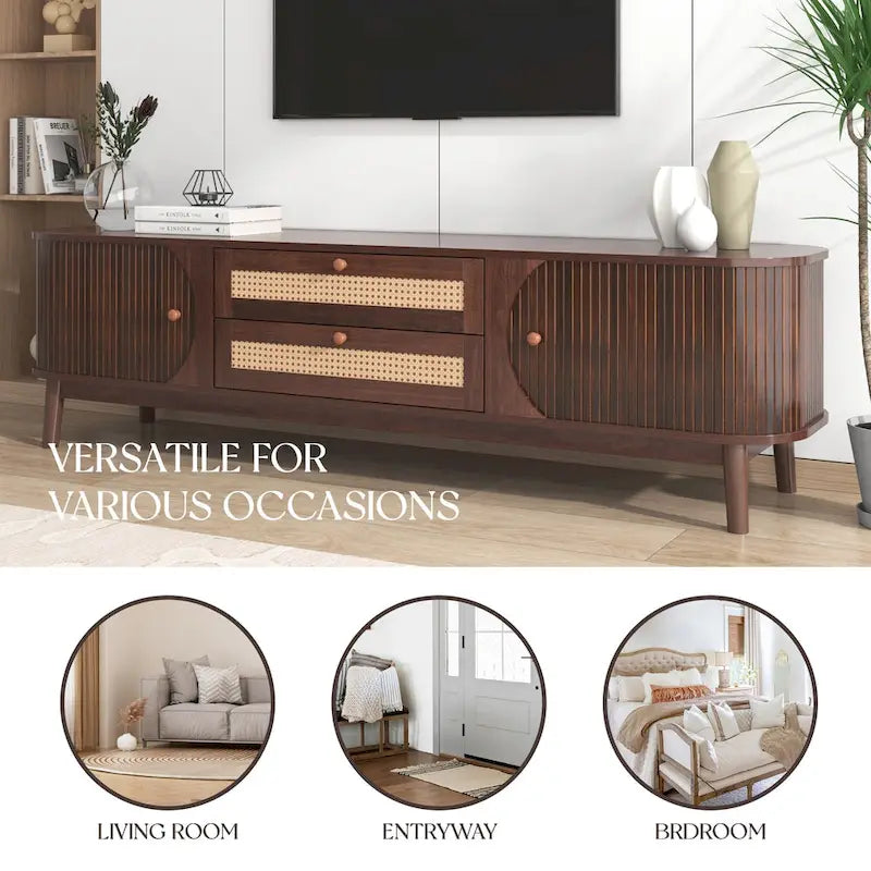 Mobile TV in Rattan Legno Naturale con Contenitore, Adatto per TV fino a 75", 3 Colori, Montaggio 1-2 Persone