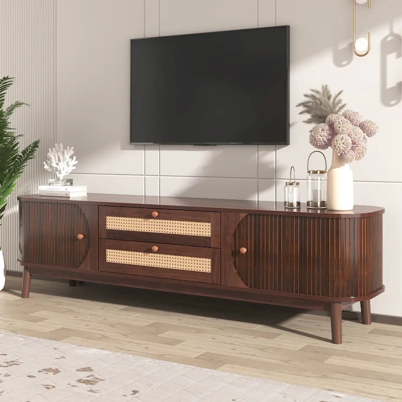 Mobile TV in Rattan Legno Naturale con Contenitore, Adatto per TV fino a 75", 3 Colori, Montaggio 1-2 Persone