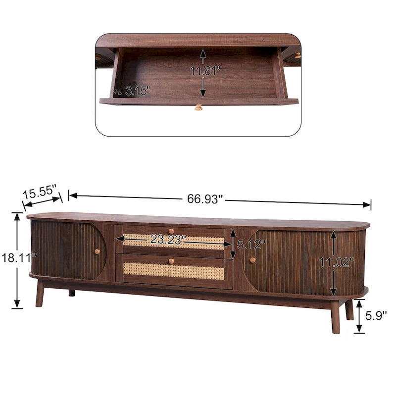 Mobile TV in Rattan Legno Naturale con Contenitore, Adatto per TV fino a 75", 3 Colori, Montaggio 1-2 Persone