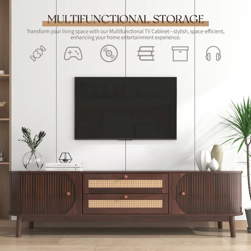 Mobile TV in Rattan Legno Naturale con Contenitore, Adatto per TV fino a 75", 3 Colori, Montaggio 1-2 Persone