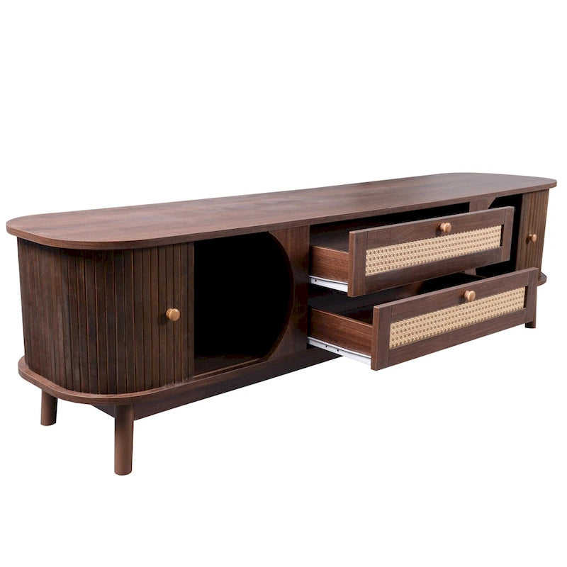 Mobile TV in Rattan Legno Naturale con Contenitore, Adatto per TV fino a 75", 3 Colori, Montaggio 1-2 Persone