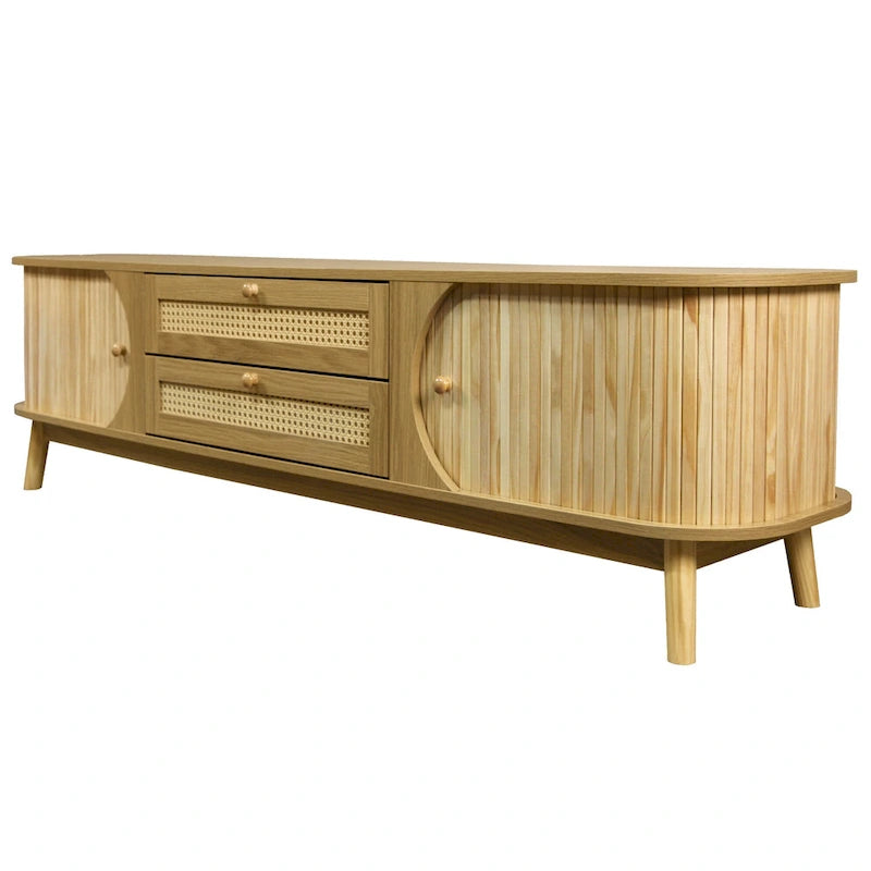 Mobile TV in Rattan Legno Naturale con Contenitore, Adatto per TV fino a 75", 3 Colori, Montaggio 1-2 Persone