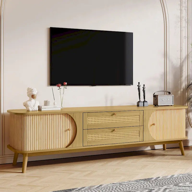 Mobile TV in Rattan Legno Naturale con Contenitore, Adatto per TV fino a 75", 3 Colori, Montaggio 1-2 Persone