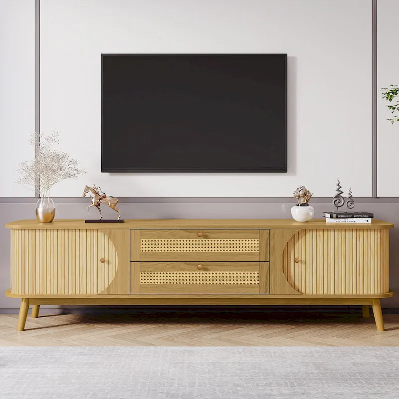 Mobile TV in Rattan Legno Naturale con Contenitore, Adatto per TV fino a 75", 3 Colori, Montaggio 1-2 Persone