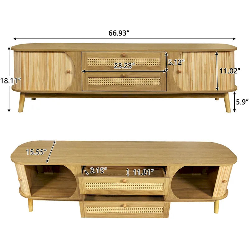 Mobile TV in Rattan Legno Naturale con Contenitore, Adatto per TV fino a 75", 3 Colori, Montaggio 1-2 Persone