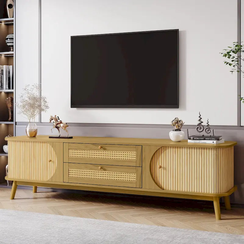 Mobile TV in Rattan Legno Naturale con Contenitore, Adatto per TV fino a 75", 3 Colori, Montaggio 1-2 Persone