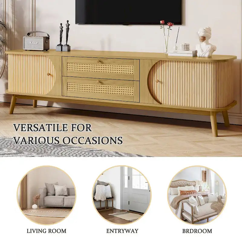 Mobile TV in Rattan Legno Naturale con Contenitore, Adatto per TV fino a 75", 3 Colori, Montaggio 1-2 Persone