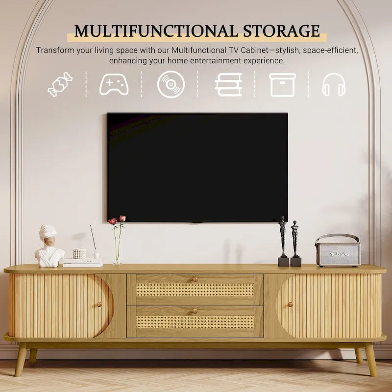 Mobile TV in Rattan Legno Naturale con Contenitore, Adatto per TV fino a 75", 3 Colori, Montaggio 1-2 Persone