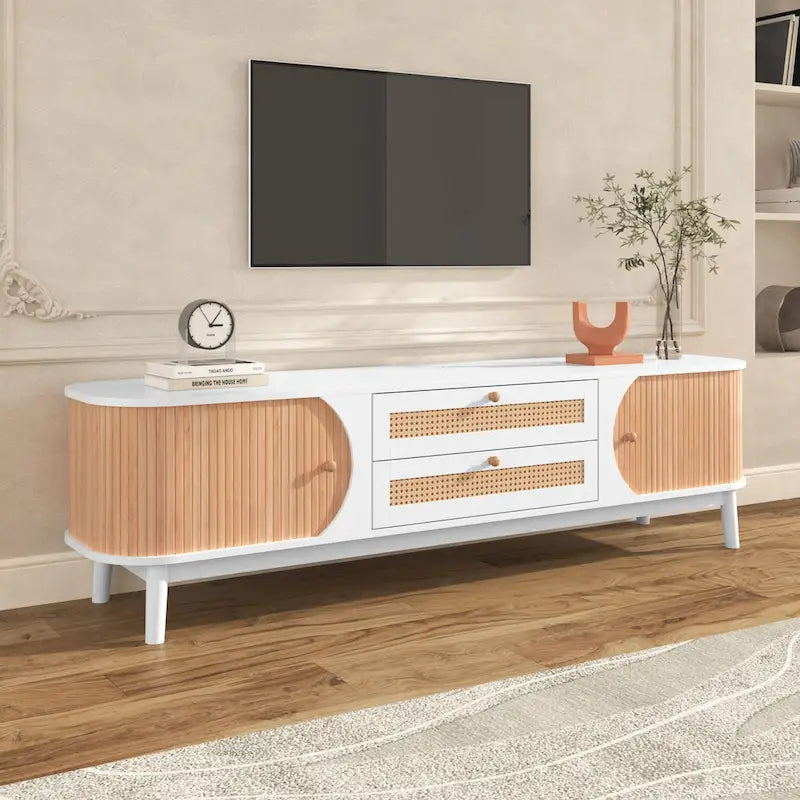 Mobile TV in Rattan Legno Naturale con Contenitore, Adatto per TV fino a 75", 3 Colori, Montaggio 1-2 Persone