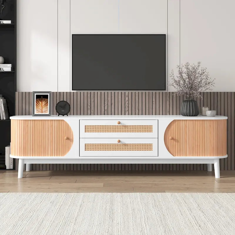 Mobile TV in Rattan Legno Naturale con Contenitore, Adatto per TV fino a 75", 3 Colori, Montaggio 1-2 Persone