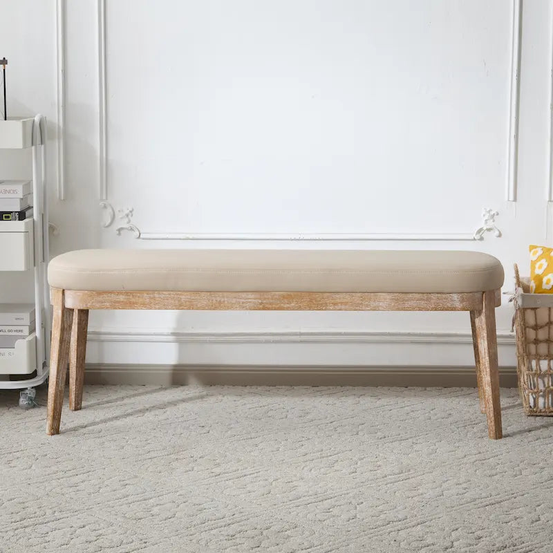 Panca ottomana singola in similpelle mid-century moderna marrone/beige/verde con gambe in legno