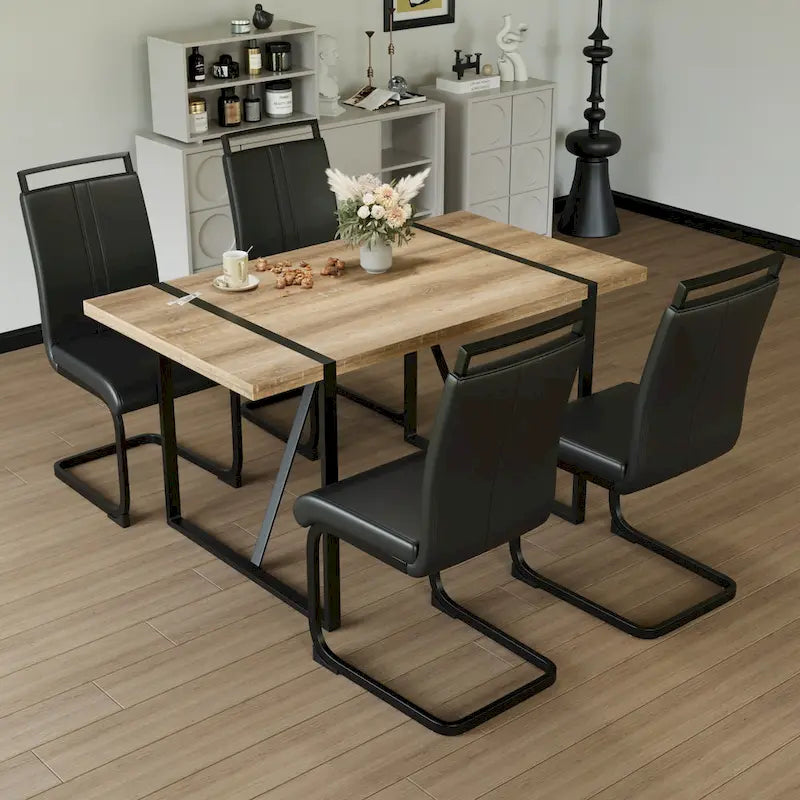 Set tavolo e sedie da pranzo 5 pezzi – Nero / Bianco / Naturale, Stile rustico farmhouse, Posti a sedere per 4