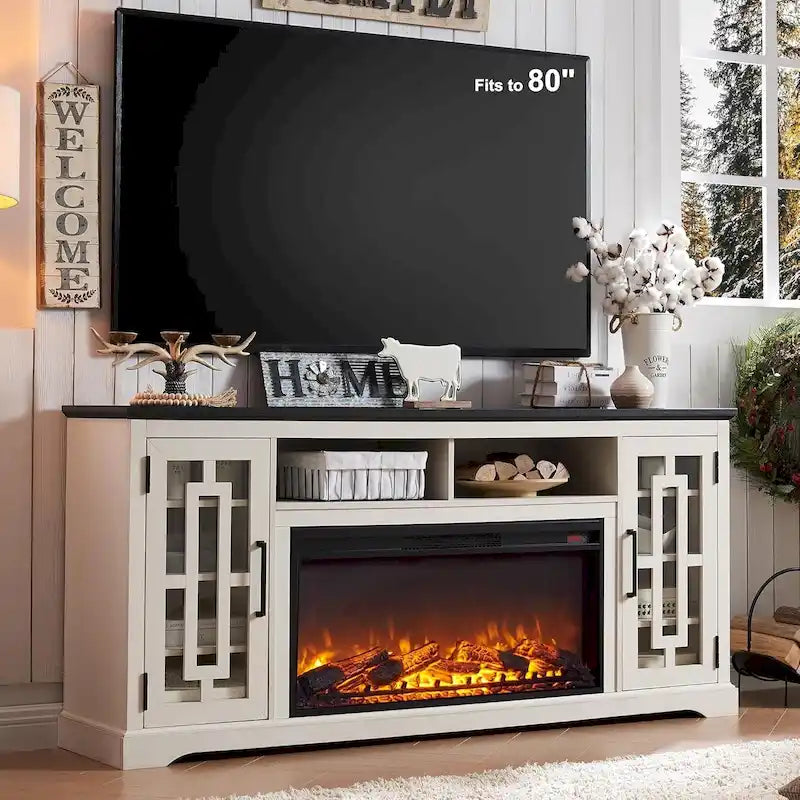 Mobile TV con caminetto elettrico in stile rustico bianco/nero/marrone, per TV fino a 80", 1-2 persone