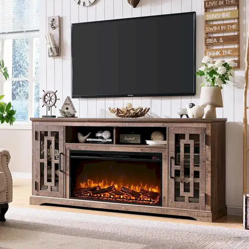 Mobile TV con caminetto elettrico in stile rustico bianco/nero/marrone, per TV fino a 80", 1-2 persone
