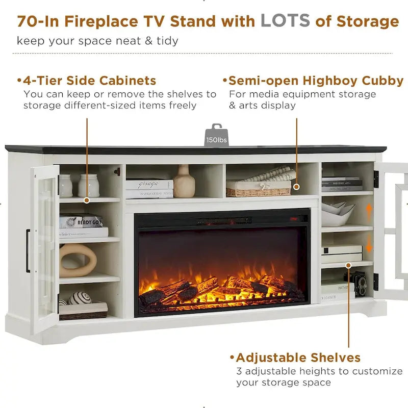 Mobile TV con caminetto elettrico in stile rustico bianco/nero/marrone, per TV fino a 80", 1-2 persone