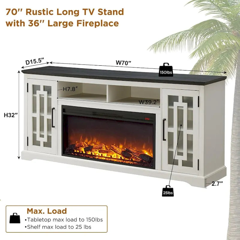 Mobile TV con caminetto elettrico in stile rustico bianco/nero/marrone, per TV fino a 80", 1-2 persone