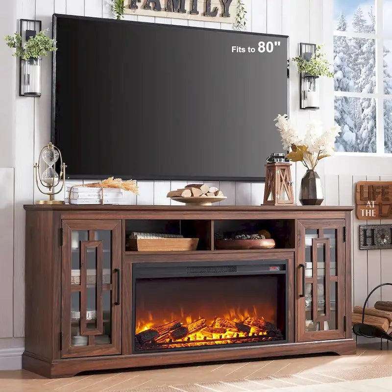 Mobile TV con caminetto elettrico in stile rustico bianco/nero/marrone, per TV fino a 80", 1-2 persone