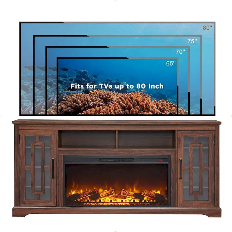 Mobile TV con caminetto elettrico in stile rustico bianco/nero/marrone, per TV fino a 80", 1-2 persone