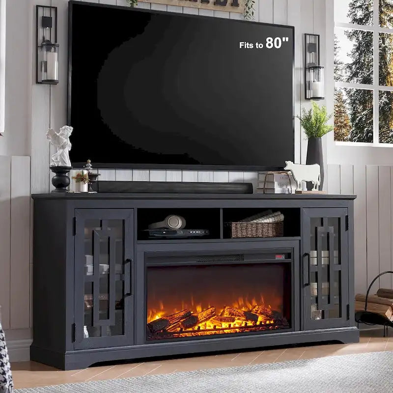 Mobile TV con caminetto elettrico in stile rustico bianco/nero/marrone, per TV fino a 80", 1-2 persone