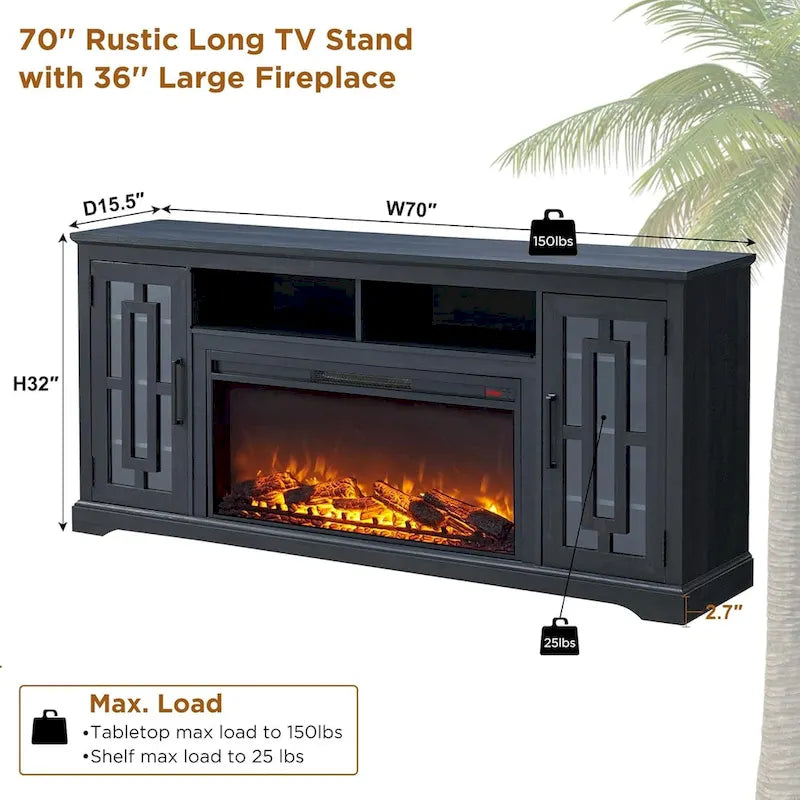 Mobile TV con caminetto elettrico in stile rustico bianco/nero/marrone, per TV fino a 80", 1-2 persone