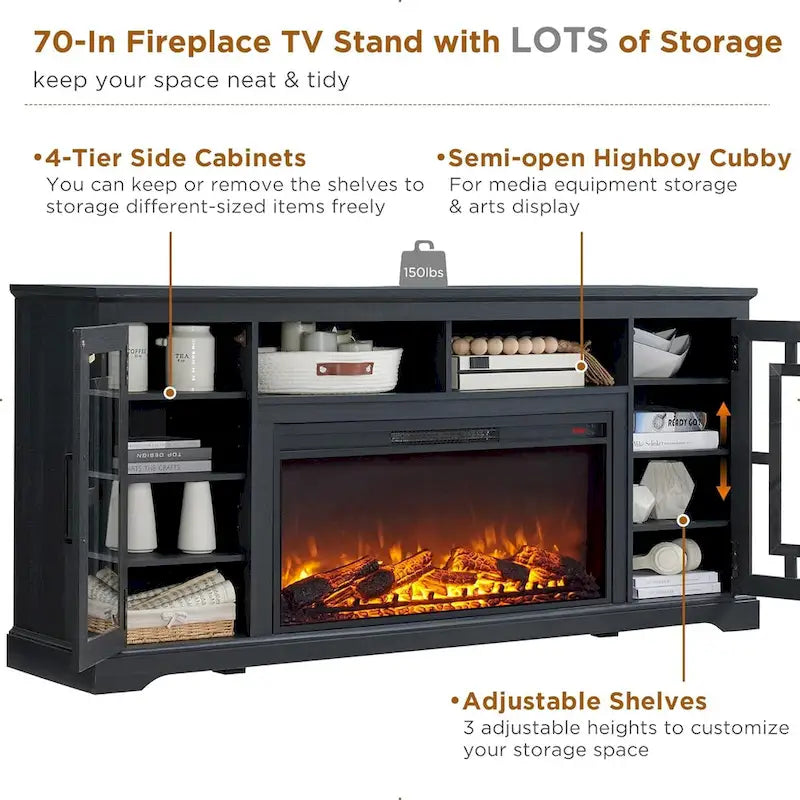Mobile TV con caminetto elettrico in stile rustico bianco/nero/marrone, per TV fino a 80", 1-2 persone