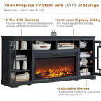 Mobile TV con caminetto elettrico in stile rustico bianco/nero/marrone, per TV fino a 80", 1-2 persone
