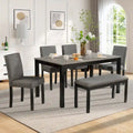 6 Piece Dining Table Set, Wooden Dining Table Set with Rectangular Dining Table, Bench and 4 Upholstered Chairs