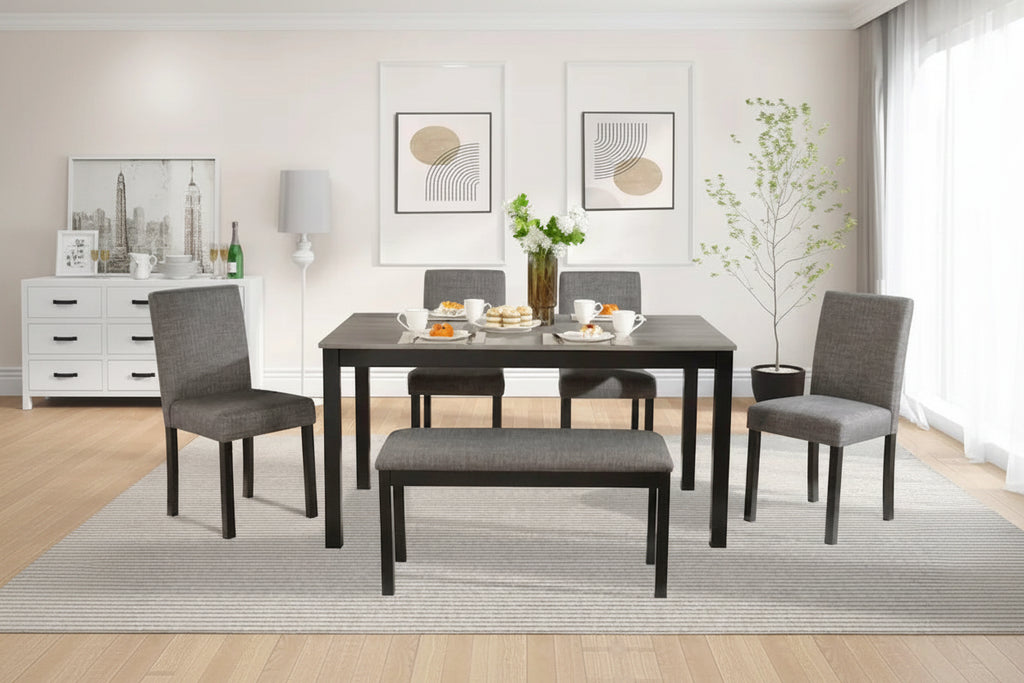 Set da pranzo moderno imbottito beige, 6 posti (1 tavolo + 4 sedie + 1 panca)