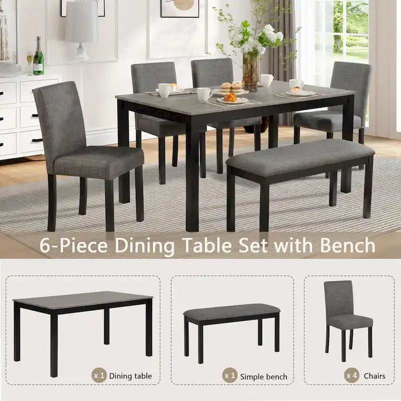 Set da pranzo moderno imbottito beige, 6 posti (1 tavolo + 4 sedie + 1 panca)