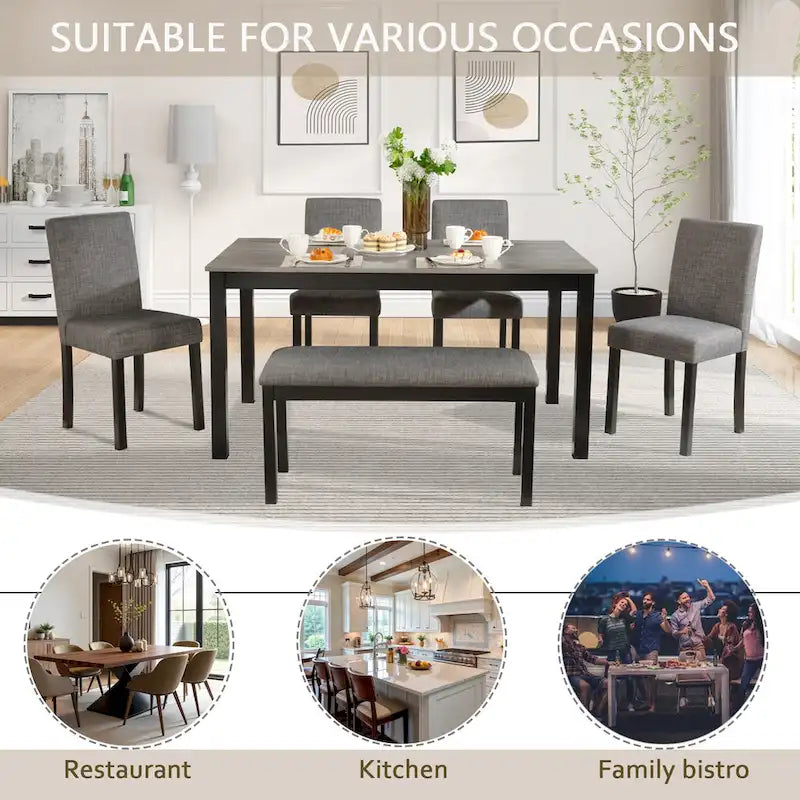 Set da pranzo moderno imbottito beige, 6 posti (1 tavolo + 4 sedie + 1 panca)