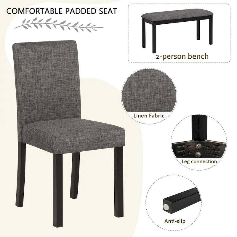 Set da pranzo moderno imbottito beige, 6 posti (1 tavolo + 4 sedie + 1 panca)