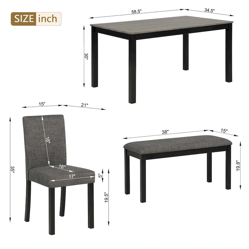 Set da pranzo moderno imbottito beige, 6 posti (1 tavolo + 4 sedie + 1 panca)