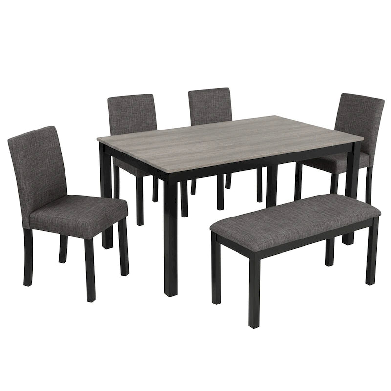 Set da pranzo moderno imbottito beige, 6 posti (1 tavolo + 4 sedie + 1 panca)