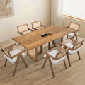 Set tavolo da pranzo rettangolare in rovere naturale per 7 persone con dettagli in rattan, 6 sedie