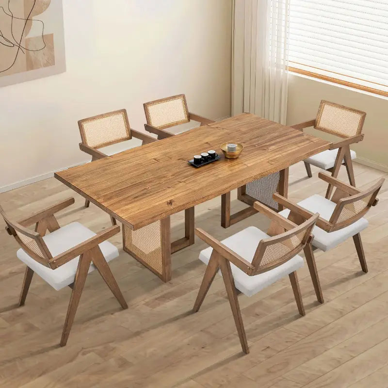 Set tavolo da pranzo rettangolare in rovere naturale per 7 persone con dettagli in rattan, 6 sedie