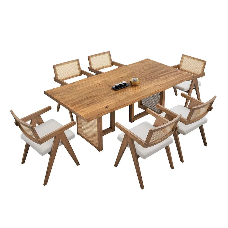 Set tavolo da pranzo rettangolare in rovere naturale per 7 persone con dettagli in rattan, 6 sedie