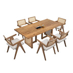 Set tavolo da pranzo rettangolare in rovere naturale per 7 persone con dettagli in rattan, 6 sedie
