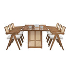 Set tavolo da pranzo rettangolare in rovere naturale per 7 persone con dettagli in rattan, 6 sedie