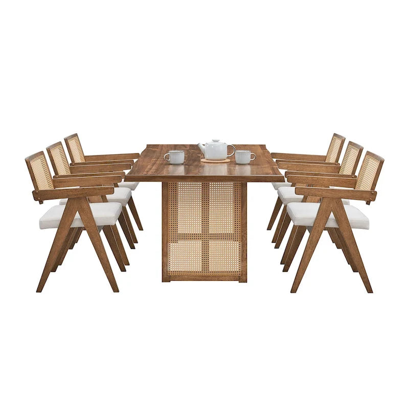 Set tavolo da pranzo rettangolare in rovere naturale per 7 persone con dettagli in rattan, 6 sedie