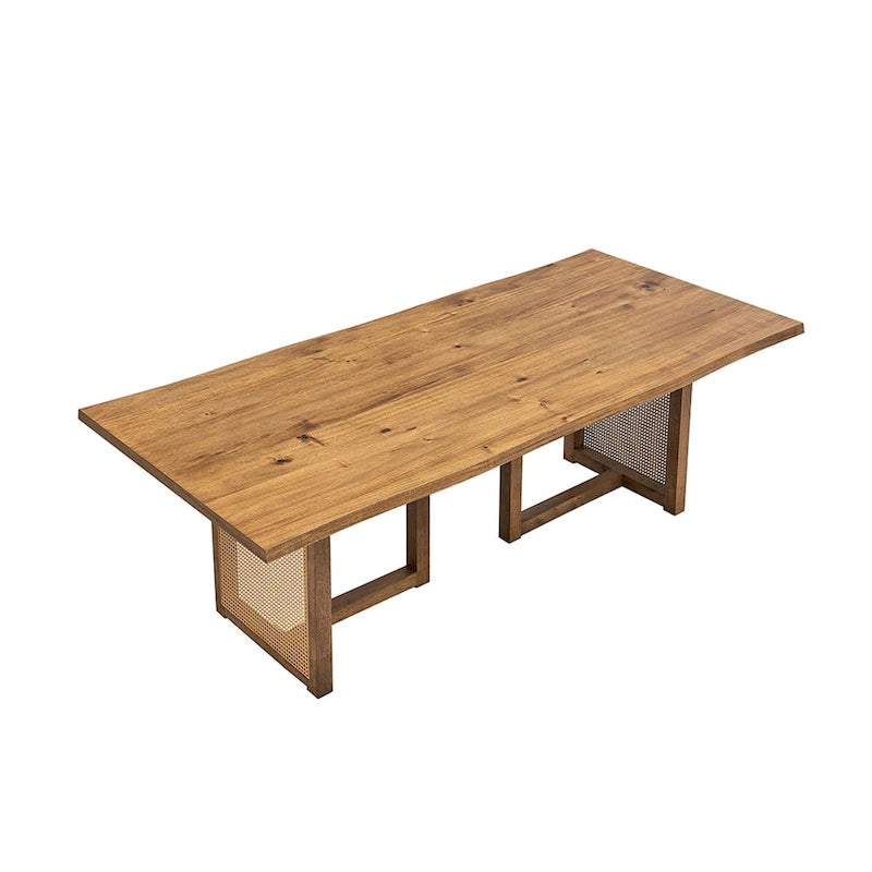 Set tavolo da pranzo rettangolare in rovere naturale per 7 persone con dettagli in rattan, 6 sedie