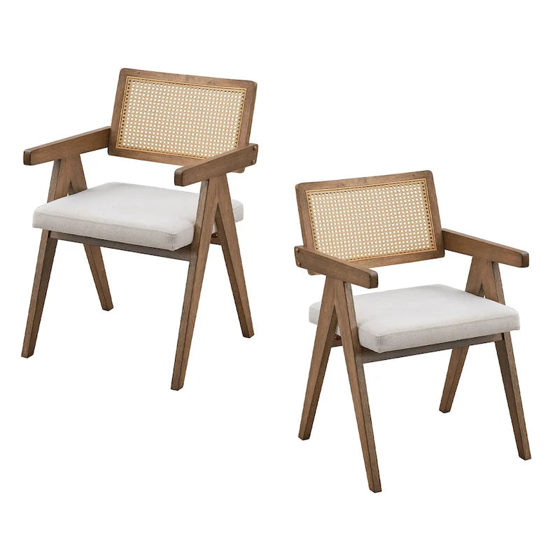 Set tavolo da pranzo rettangolare in rovere naturale per 7 persone con dettagli in rattan, 6 sedie