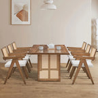 Set tavolo da pranzo rettangolare in rovere naturale per 7 persone con dettagli in rattan, 6 sedie