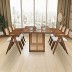 Set tavolo da pranzo rettangolare in rovere naturale per 7 persone con dettagli in rattan, 6 sedie