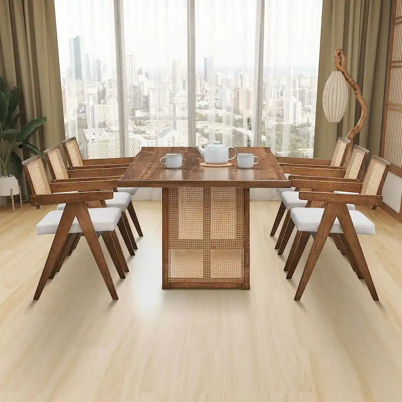 Set tavolo da pranzo rettangolare in rovere naturale per 7 persone con dettagli in rattan, 6 sedie