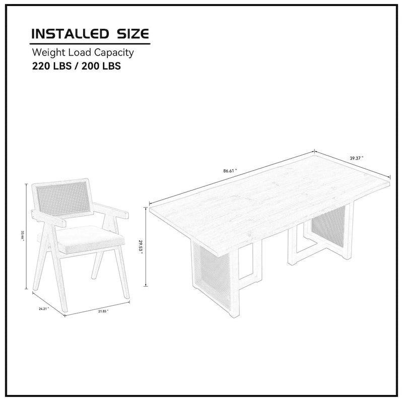 Set tavolo da pranzo rettangolare in rovere naturale per 7 persone con dettagli in rattan, 6 sedie